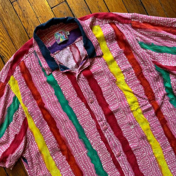 Rare VTG 80s 90s JAMS World Abstract Pattern Melted Crayon Hawaiian Shirt XL - Picture 2 of 8